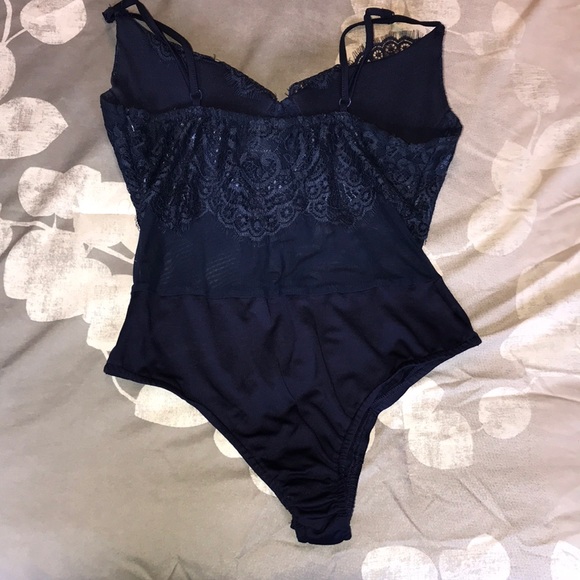 Navy Blue Lace Mesh Bodysuit - Picture 4 of 4
